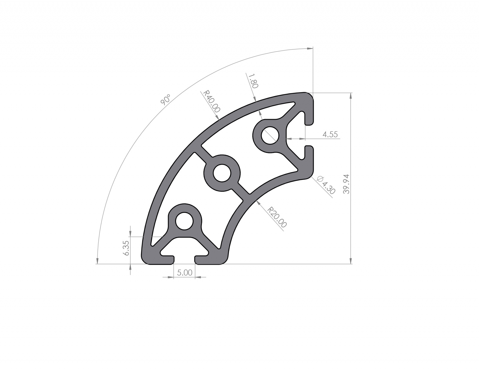 Aluminum profile R20x40 groove 5 I-typ 90°